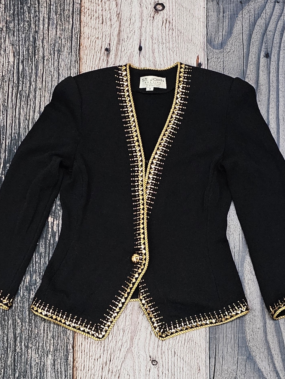 ST.John Evening by Marie Gray Knit Cardigan Sweater Gold Rope Trim & Gold Rivets